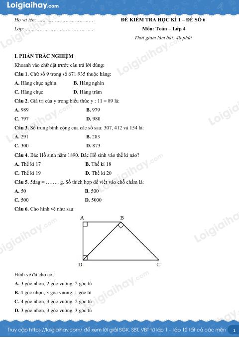 Đề số 6 - Đề kiểm tra học kì 1 - Toán lớp 4